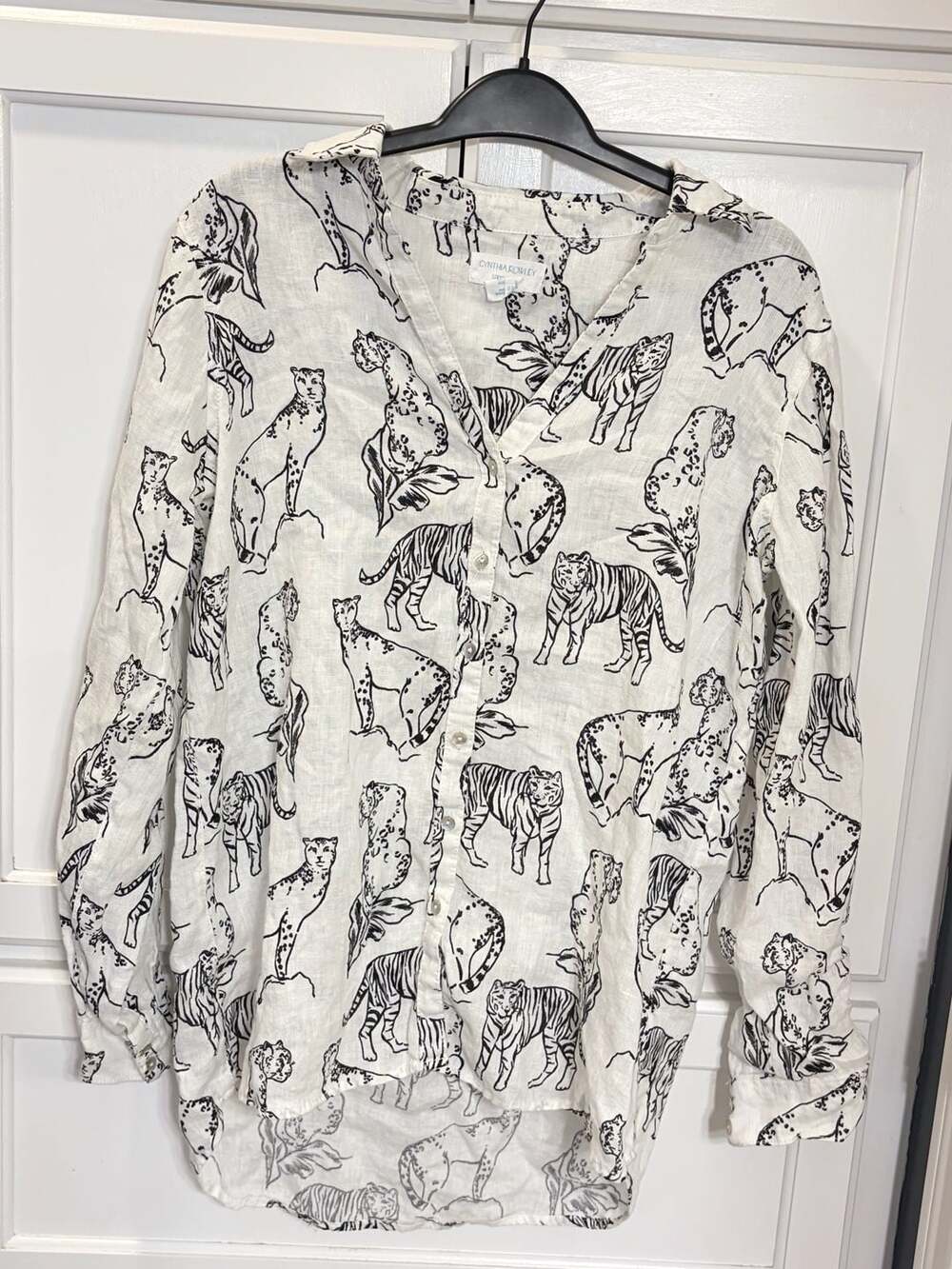 Cynthia Rowley 100% Linen Blouse Small Tiger Leopard Safari Animal Print Shirt